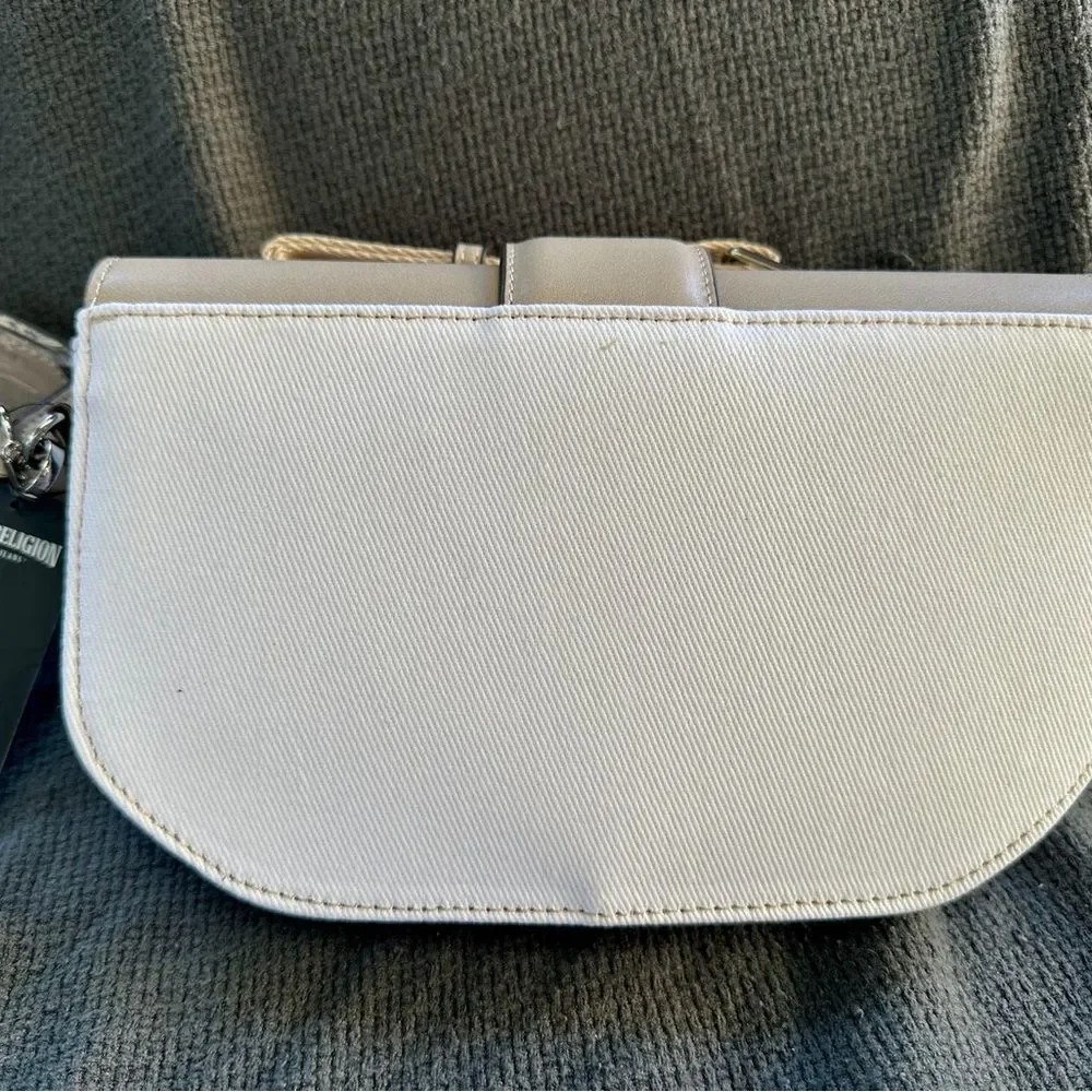 True-religion denim saddlebag purse - taupe and white